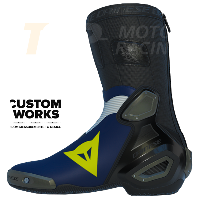 Dainese Axial 2 men's motorcycle boots in Yamaha Blue, White and Fluo Yellow Custom Works colourway