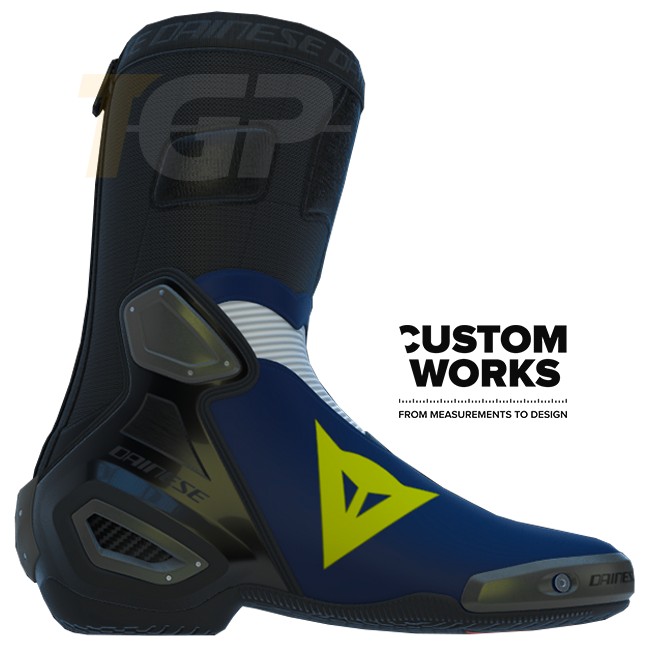 Dainese Axial 2 men's motorcycle boots in Yamaha Blue, White and Fluo Yellow Custom Works colourway