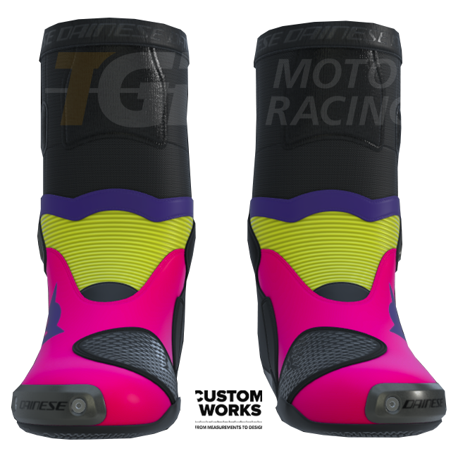 Dainese Axial 2 Custom Works men's motorcycle boots in Fuxia, Viola and Fluo Yellow