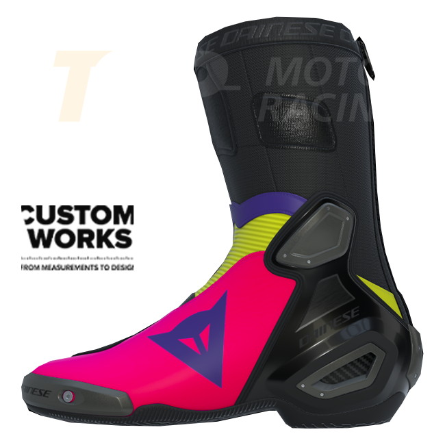 Dainese Axial 2 Custom Works men's motorcycle boots in Fuxia, Viola and Fluo Yellow