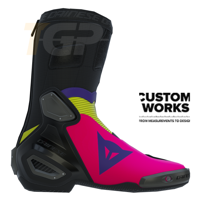 Dainese Axial 2 Custom Works men's motorcycle boots in Fuxia, Viola and Fluo Yellow