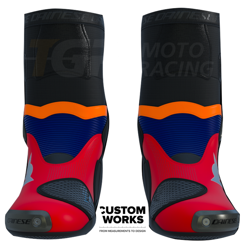 Dainese Axial 2 Air Luca Marini Replica 2026 Custom Works boots in Lava Red, Electric Blue, Fluo Orange and White