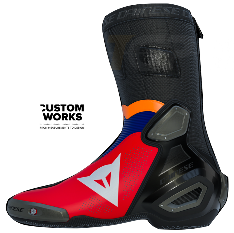 Dainese Axial 2 Air Luca Marini Replica 2026 Custom Works boots in Lava Red, Electric Blue, Fluo Orange and White