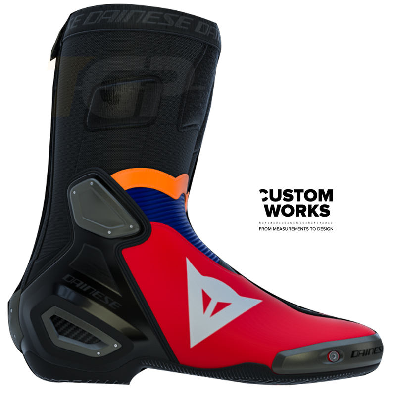 Dainese Axial 2 Luca Marini Replica 2026 Custom Works motorcycle boots in Lava Red, Electric Blue, Fluo Orange and White