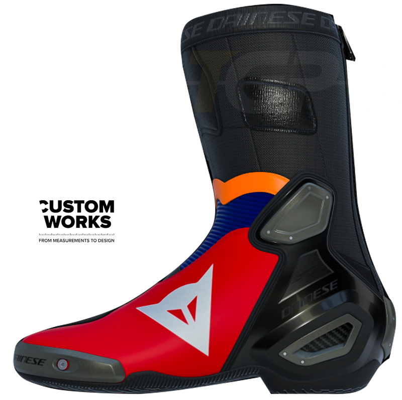 Dainese Axial 2 Luca Marini Replica 2026 Custom Works motorcycle boots in Lava Red, Electric Blue, Fluo Orange and White