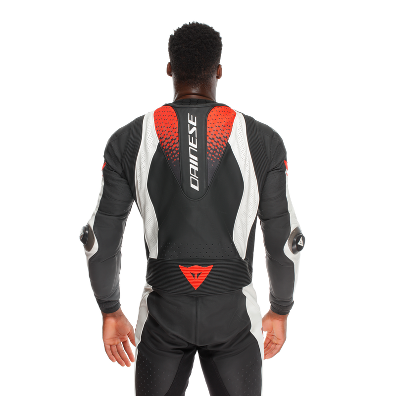 Dainese Laguna Seca 6 one-piece leather race suit in White/Red, men's perforated version
