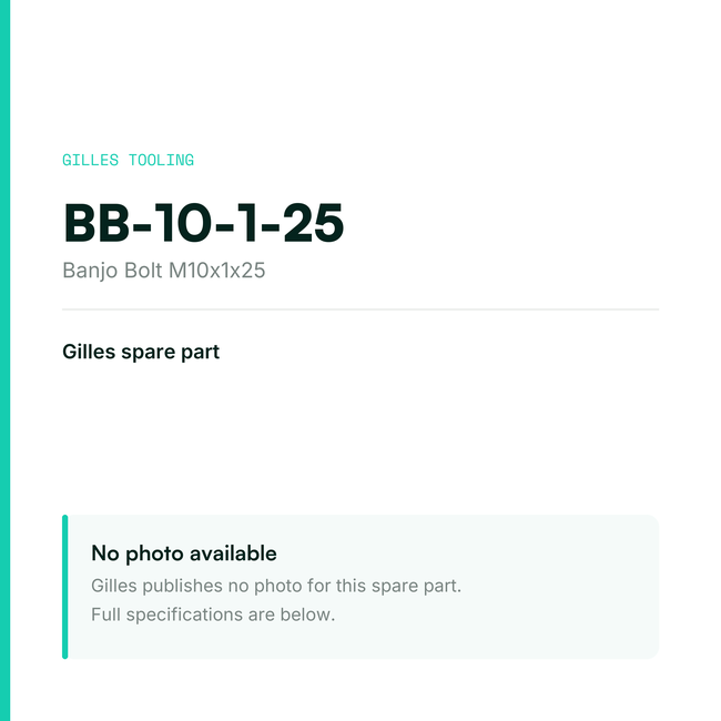 Gilles Banjo Bolt M10x1x25 – BB-10-1-25, data card, no manufacturer photo available