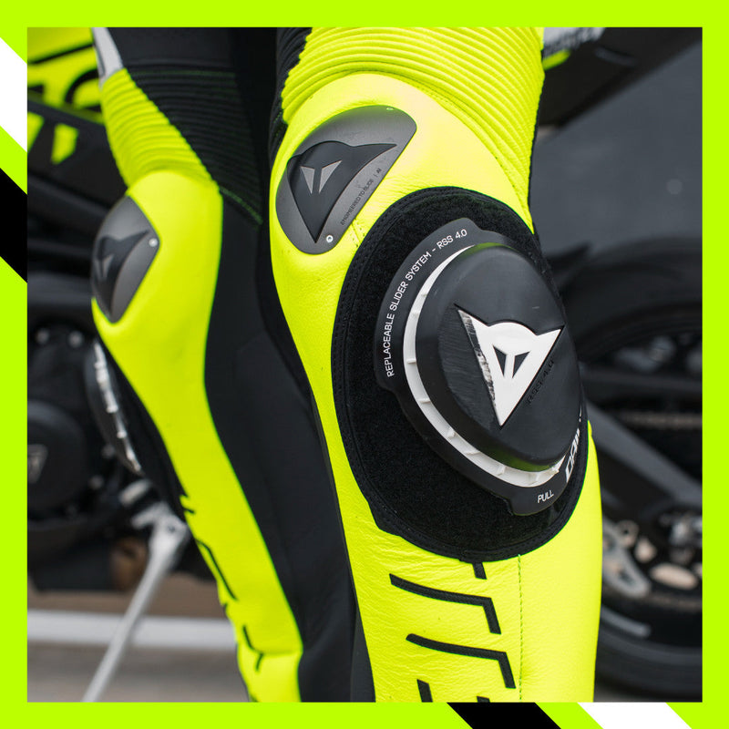 Dainese Audax D-ZIP one-piece leather racing suit in black and neon yellow