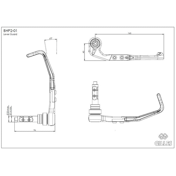 Gilles BHP2 brake lever guard aluminium, dimensions and adjustment range