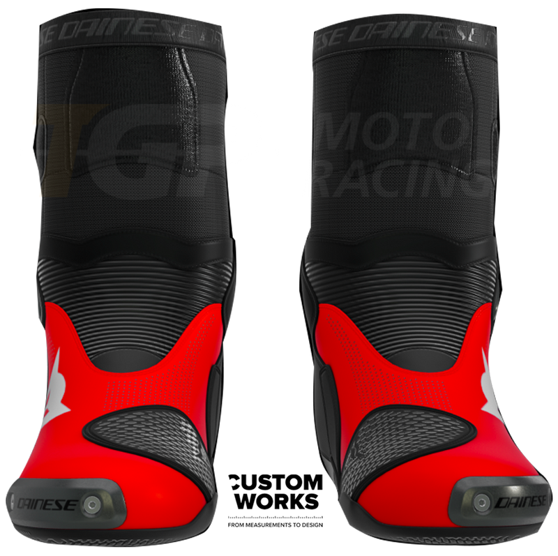 Dainese Axial 2 Air Marco Bezzecchi Replica 2026 men's motorcycle boots in Fluo Red and Black Custom Works finish