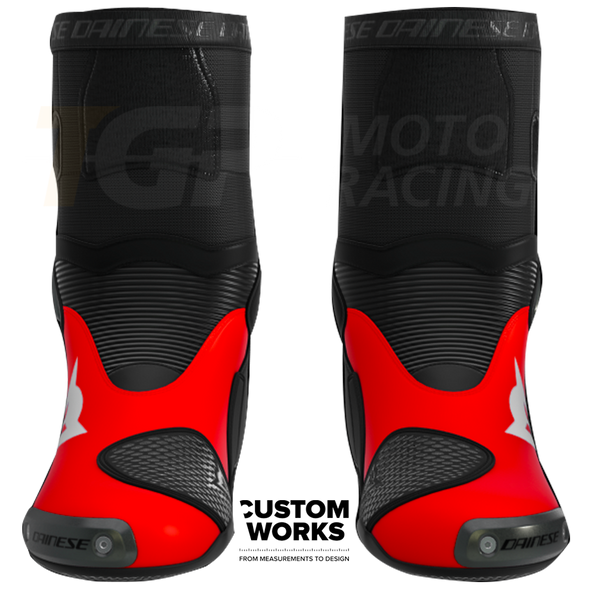 Dainese Axial 2 Marco Bezzecchi Replica 2026 Custom Works motorcycle boots in Fluo Red and Black