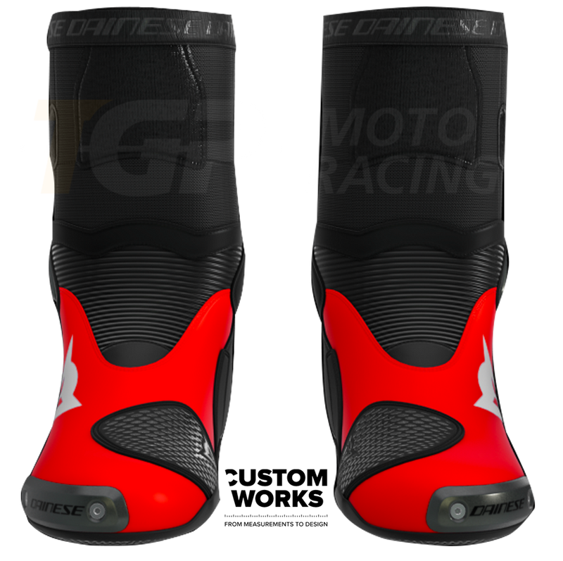 Dainese Axial 2 Marco Bezzecchi Replica 2026 Custom Works motorcycle boots in Fluo Red and Black