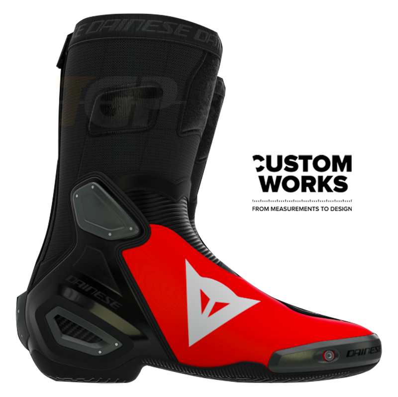 Dainese Axial 2 Marco Bezzecchi Replica 2026 Custom Works motorcycle boots in Fluo Red and Black