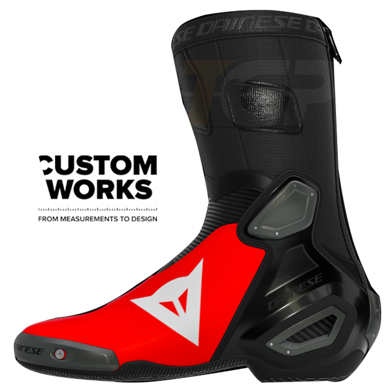 Dainese Axial 2 Marco Bezzecchi Replica 2026 Custom Works motorcycle boots in Fluo Red and Black