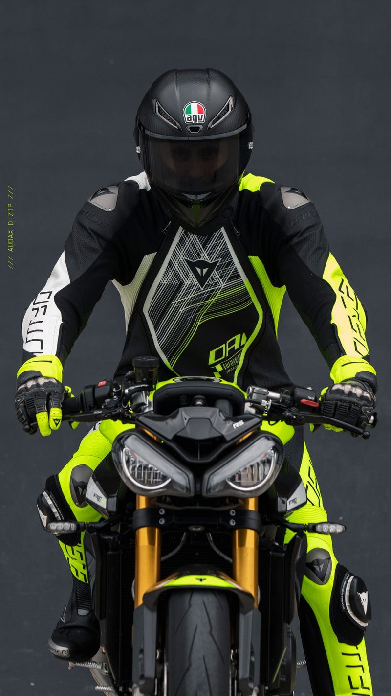 Dainese Audax D-ZIP one-piece leather racing suit in black and neon yellow