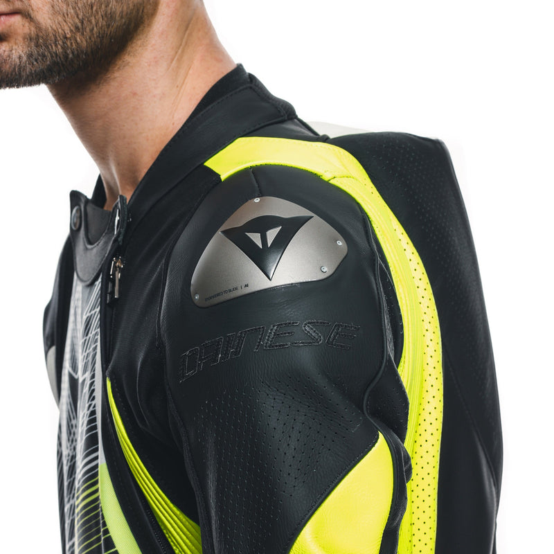 Dainese Audax D-ZIP one-piece leather racing suit in black and neon yellow