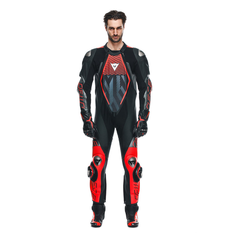 Dainese Audax D-ZIP one-piece leather racing suit in black and red, men's