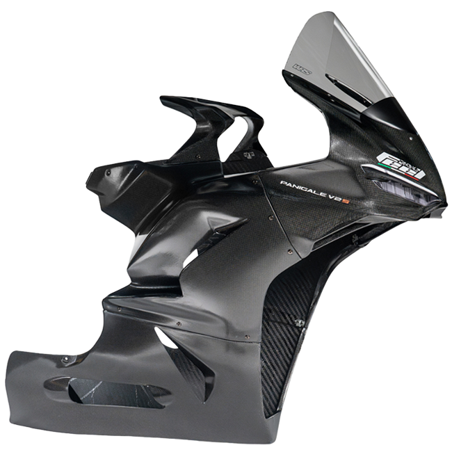 Feel Racing FR.012.KIT carbon race fairing assembled for the Ducati Panigale V2 890 — visible carbon weave and tinted screen