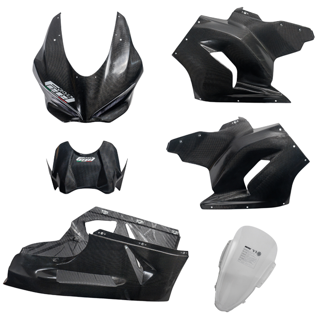 Feel Racing carbon race fairing components: nose, side panels, belly pan, tank cover and screen