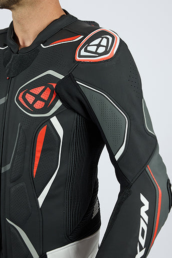 IXON Demonio men's one-piece perforated leather race suit in black, white and red