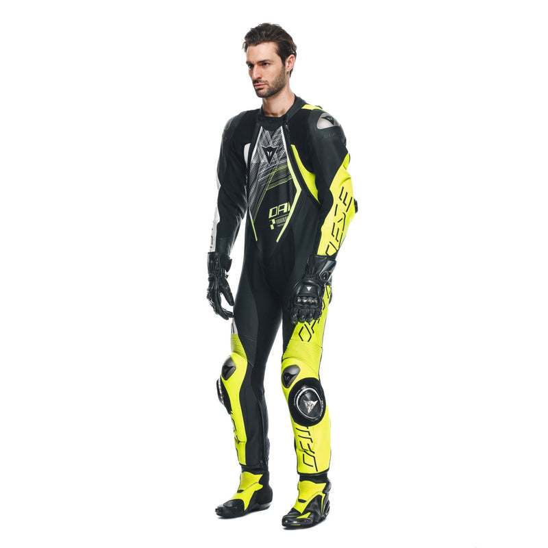 Dainese Audax D-ZIP one-piece leather racing suit in black and neon yellow