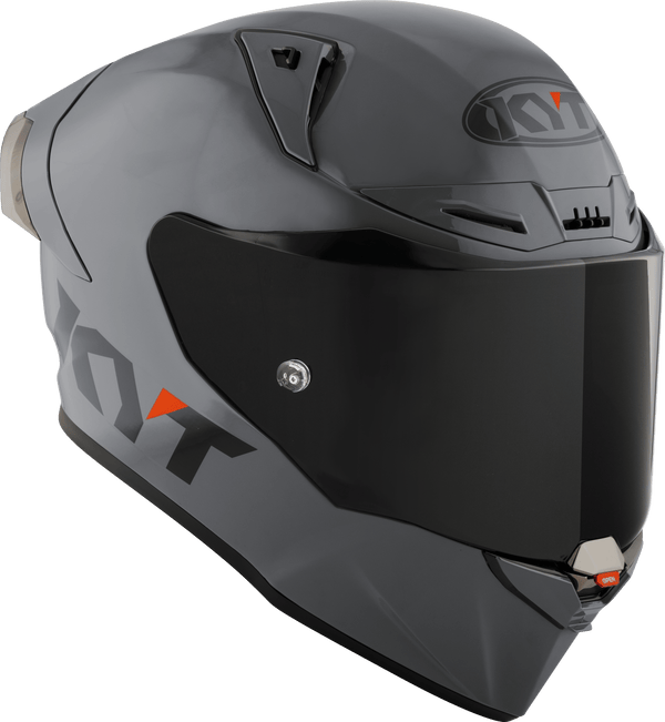 KYT R1R full-face racing helmet in plain grey, front three-quarter view