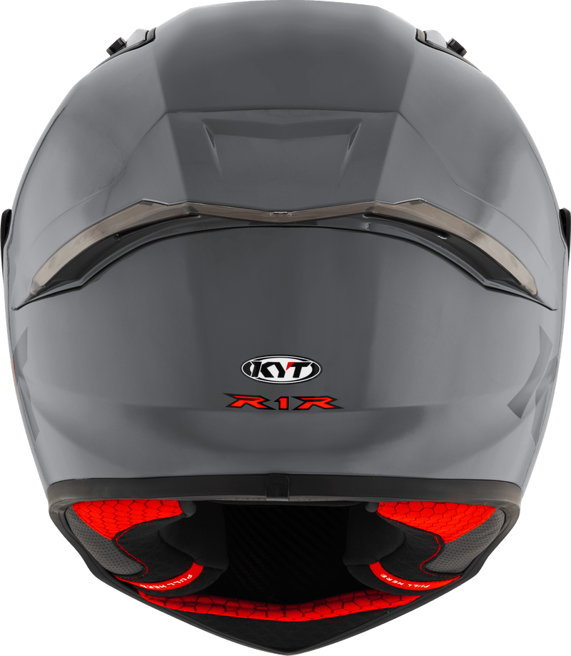 KYT R1R full-face racing helmet in plain grey, front three-quarter view