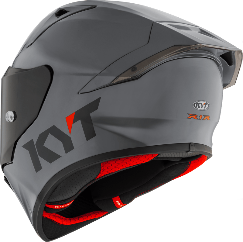 KYT R1R full-face racing helmet in plain grey, front three-quarter view