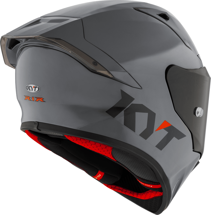 KYT R1R full-face racing helmet in plain grey, front three-quarter view