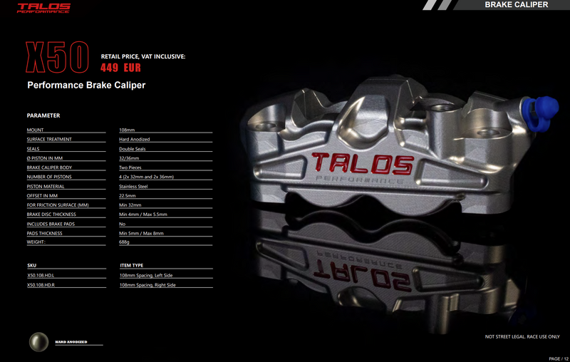 Talos X50 two-piece 4-piston 108mm front right brake caliper hard-anodised