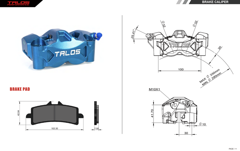 Talos C52 cast monoblock P4 32/32 front left brake caliper 100mm blue anodised