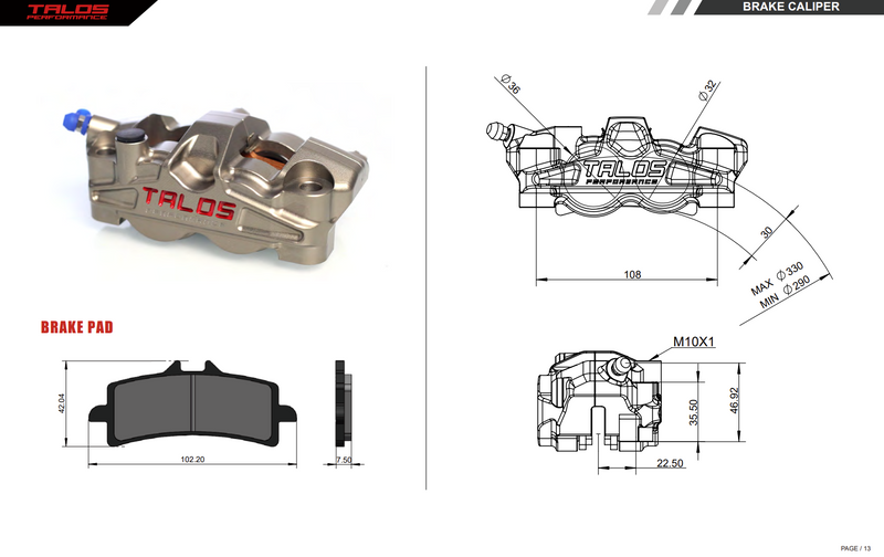 Talos X50 two-piece four-piston 108 mm front left brake caliper, hard-anodised finish