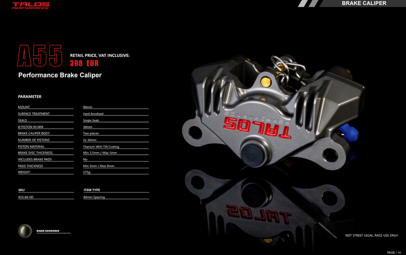 Talos P2 34 CNC-machined rear brake caliper 84mm hard anodised A55.84.HD