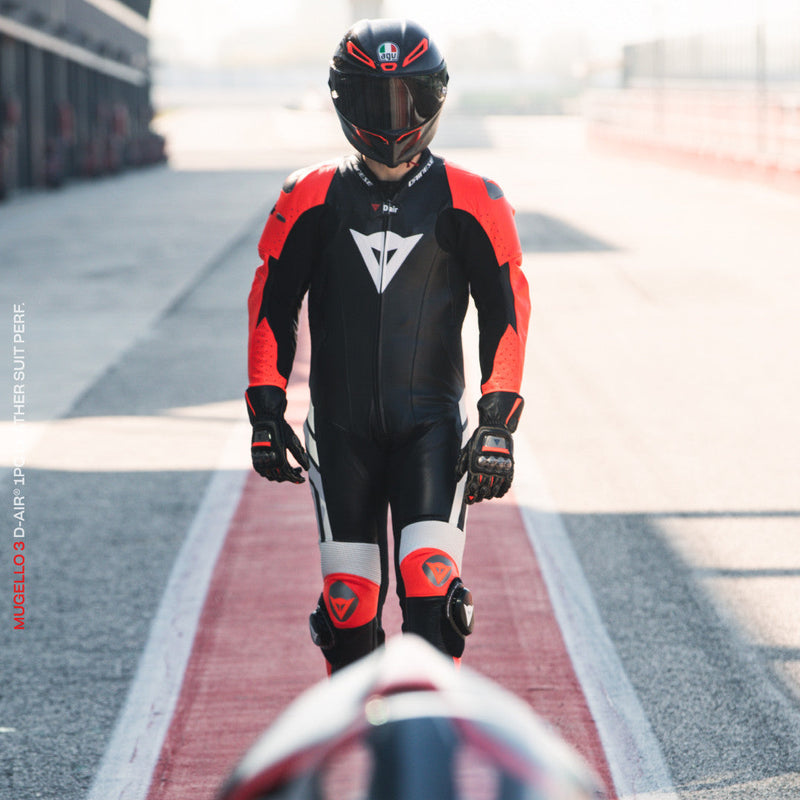 Dainese Mugello 3 Perf. D-AIR® men's one-piece leather race suit in black and red