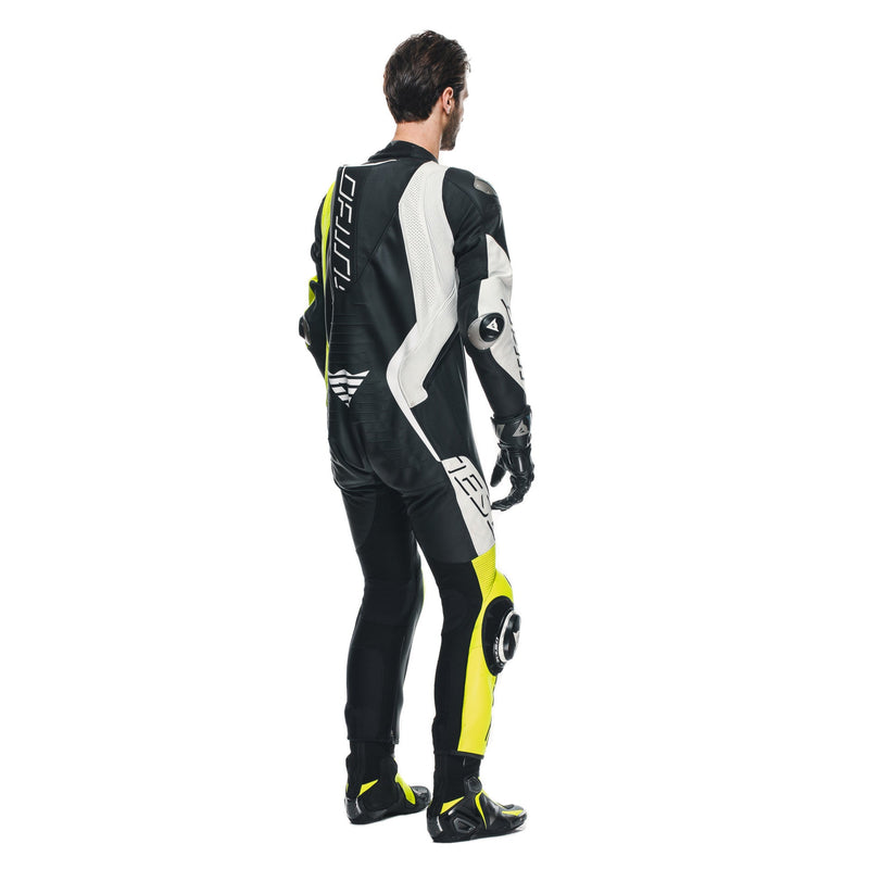 Dainese Audax D-ZIP one-piece leather racing suit in black and neon yellow