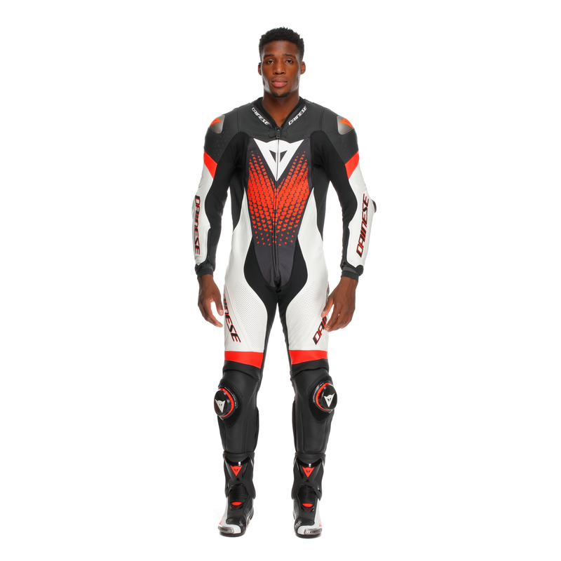 Dainese Laguna Seca 6 one-piece leather race suit in White/Red, men's perforated version