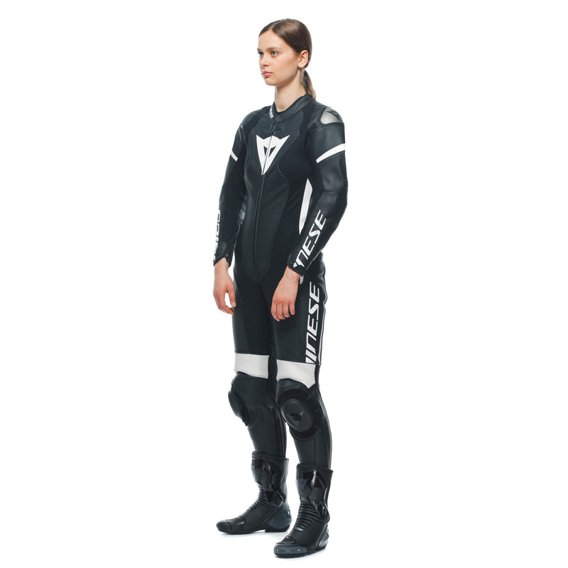 Dainese Grobnik Lady one-piece leather suit in black and white, perforated race suit for women