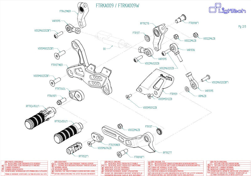 LighTech FTRKA009/W silver rearset kit for Kawasaki ZX-6R 636 RR GP-shift