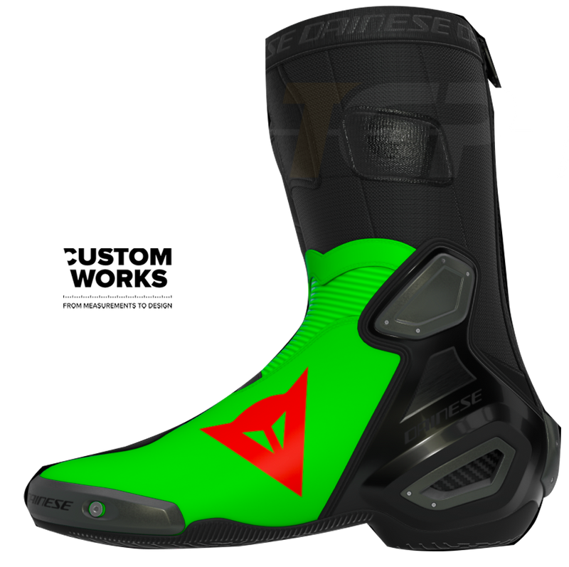 Dainese Axial 2 Franco Morbidelli Replica 2026 motorcycle boots in fluo green and fluo red Custom Works livery