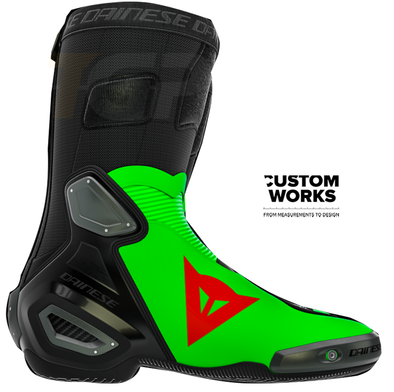 Dainese Axial 2 Franco Morbidelli Replica 2026 motorcycle boots in fluo green and fluo red Custom Works livery
