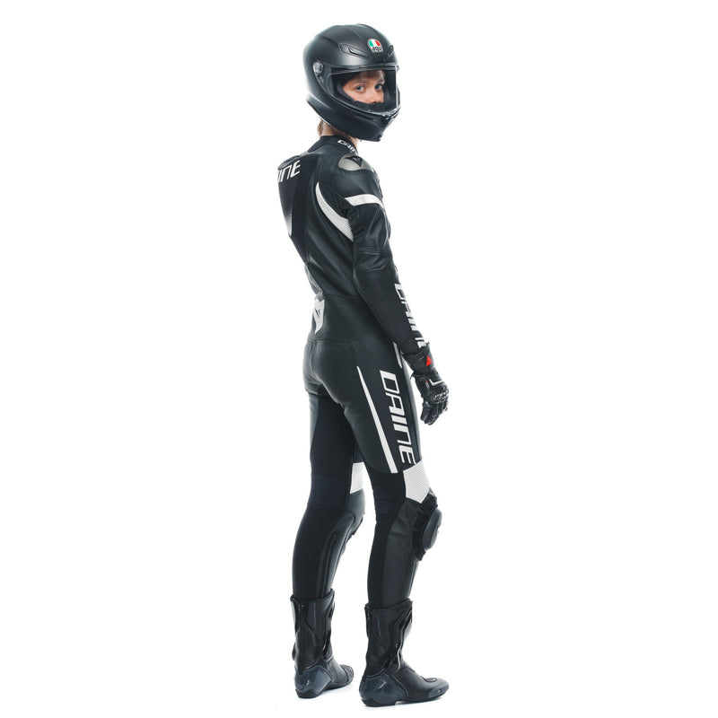 Dainese Grobnik Lady one-piece leather suit in black and white, perforated race suit for women