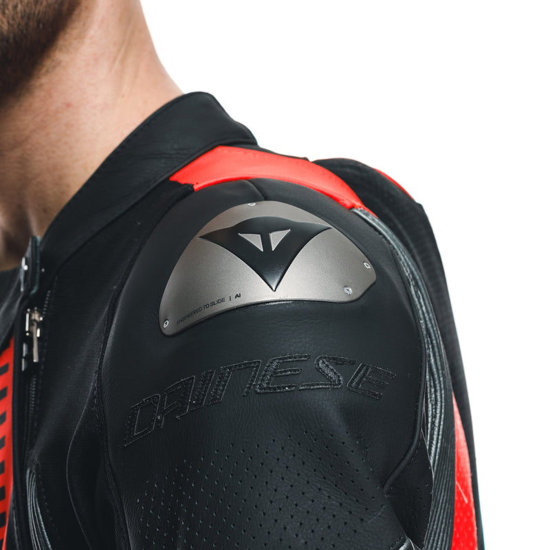 Dainese Audax D-ZIP one-piece leather racing suit in black and red, men's