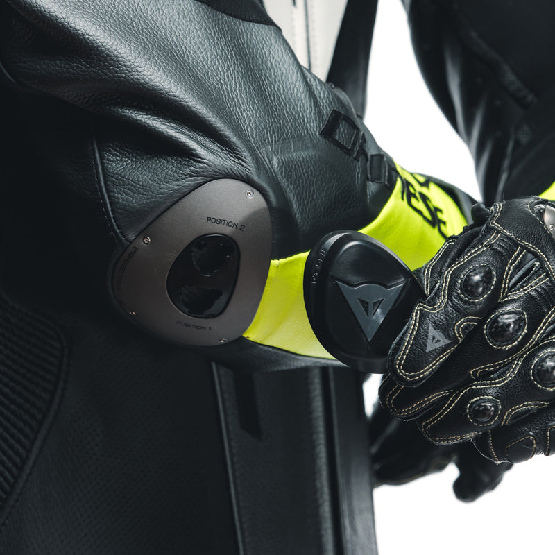 Dainese Misano 3 Perf. D-AIR® men's one-piece leather race suit in black and neon yellow