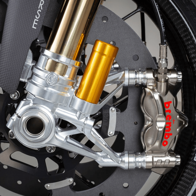 Motocorse CNC GP Style 108mm fork foot set for Ducati Panigale V4/S/R 2025-2026 in anodised aluminium