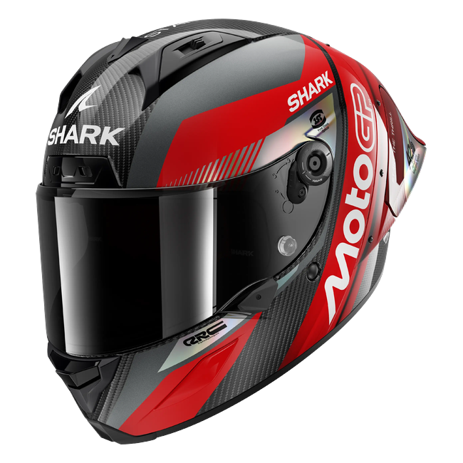 Shark Aeron MotoGP Red Chrom DRU HE4180 — front three-quarter view