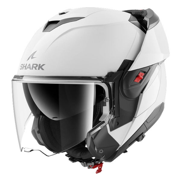 Shark OXO Blank W05 HE8700 — front three-quarter view, chin bar open