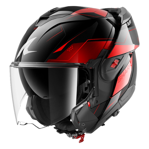 Shark OXO Mekarium KUR HE8714 — front three-quarter view, chin bar open