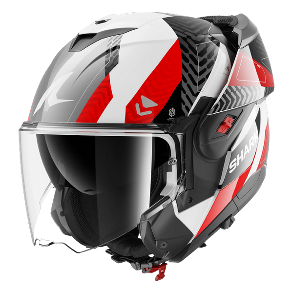 Shark OXO Ready WAR HE8720 — front three-quarter view, chin bar open