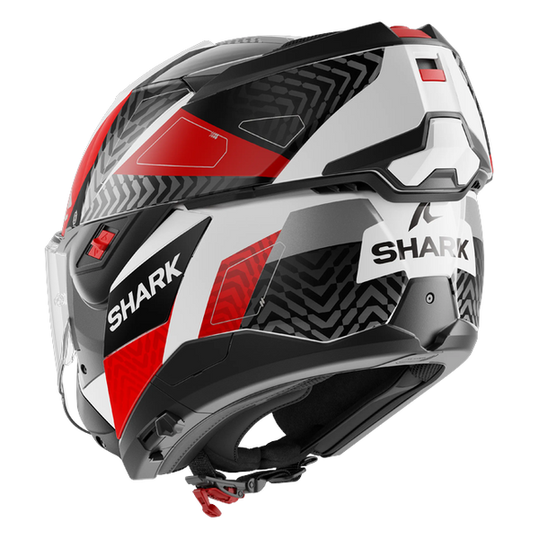Shark OXO Ready WAR HE8720 — rear three-quarter view, chin bar open