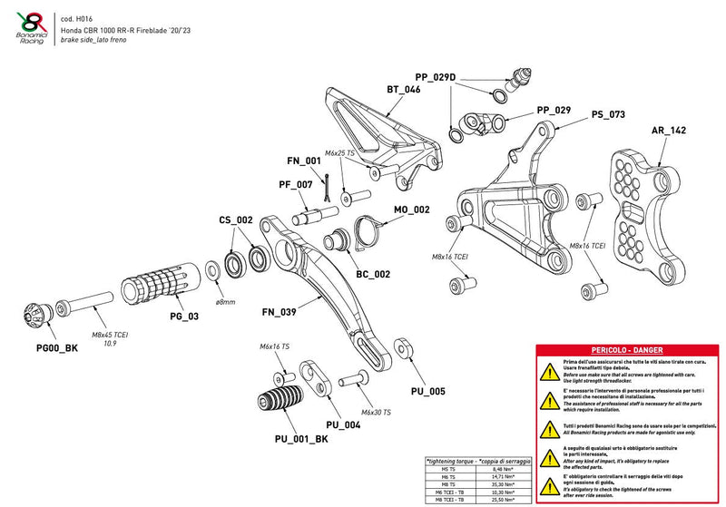 Bonamici Racing H016 rearsets for Honda CBR 1000 RR-R SC82, black anodised aluminium
